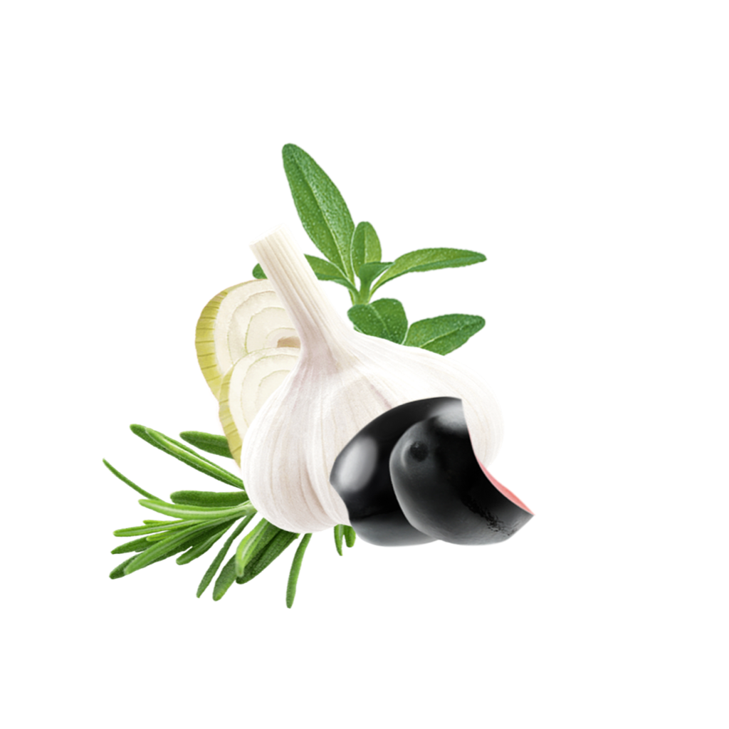 Knoblauch, Oliven, Zwibelscheiben, Thymian und Rosmarin